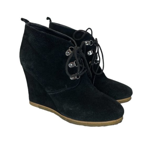 Steve Madden Wedge Ankle Booties 8‎ Black Suede Leather Tanngoo Lace Up - Picture 1 of 11